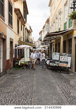 FUNCHALMADEIRA PORTUGAL SEPTEMBER 4 2016: Zone Velha - the oldest district famous for its best restaurants and cafes in Funchal. Madeira Portugal