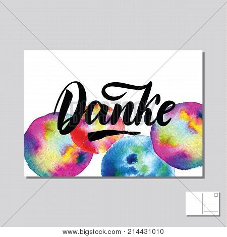 Danke, Thank you in German hand drawn lettering post card with abstract circle colorful background. Vector lettering illustration. Template for printing.