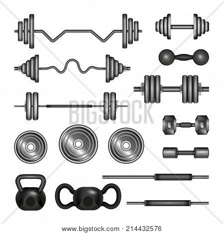 Set of gym equipment - modern vector realistic isolated clip art isolated on white background. 3D barbells, power lifter, hand weights. Fitness, sport, power, healthy lifestyle concept