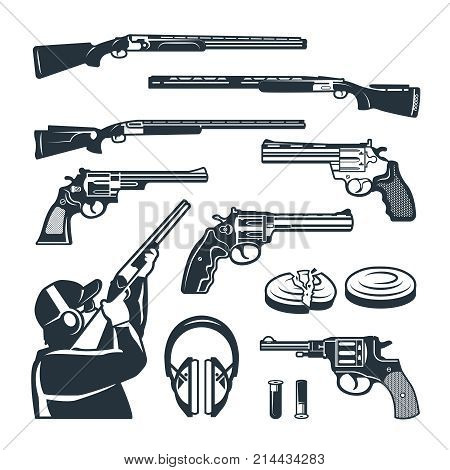Vector set of monochrome pictures of different weapons and accessories for shooting club. Weapon rifle and gun shooting illustration