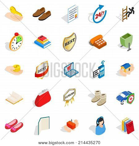 Puffery icons set. Isometric set of 25 puffery vector icons for web isolated on white background