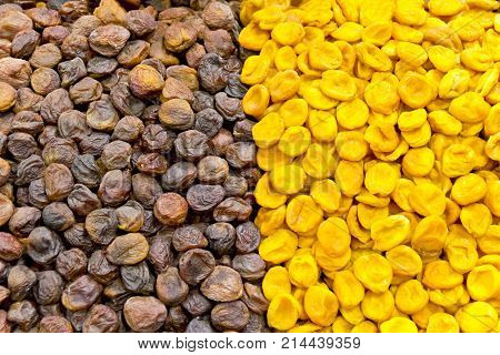 Background from colored oriental dry fruits in marketplace