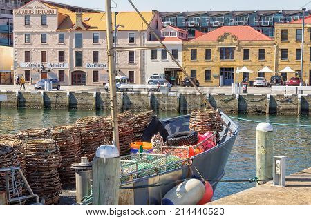Crayfish pots on a fishing boat in the Constitution Dock of Hobart Harbour - Tasmania, Australia, 6 February 2014