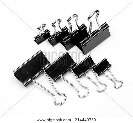 binder clips isolated on white background paper accessory black business