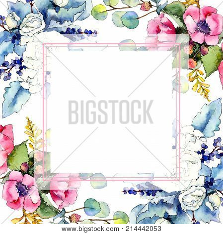 Wildflower bouquet frame in a watercolor style. Full name of the plant: rose. Aquarelle wild flower for background, texture, wrapper pattern, frame or border.
