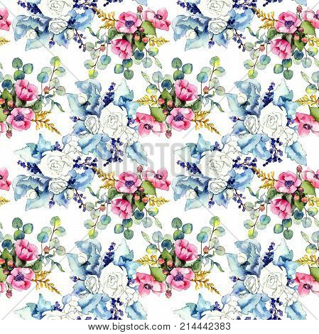 Wildflower bouquet pattern in a watercolor style. Full name of the plant: rose. Aquarelle wild flower for background, texture, wrapper pattern, frame or border.