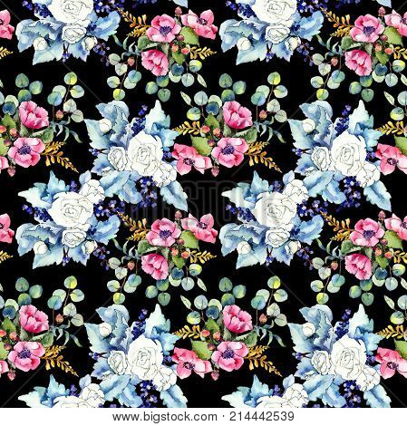 Wildflower bouquet pattern in a watercolor style. Full name of the plant: rose. Aquarelle wild flower for background, texture, wrapper pattern, frame or border.