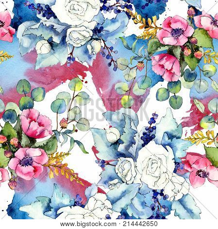 Wildflower bouquet pattern in a watercolor style. Full name of the plant: rose. Aquarelle wild flower for background, texture, wrapper pattern, frame or border.
