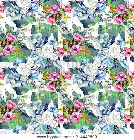 Wildflower bouquet pattern in a watercolor style. Full name of the plant: rose. Aquarelle wild flower for background, texture, wrapper pattern, frame or border.
