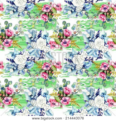 Wildflower bouquet pattern in a watercolor style. Full name of the plant: rose. Aquarelle wild flower for background, texture, wrapper pattern, frame or border.