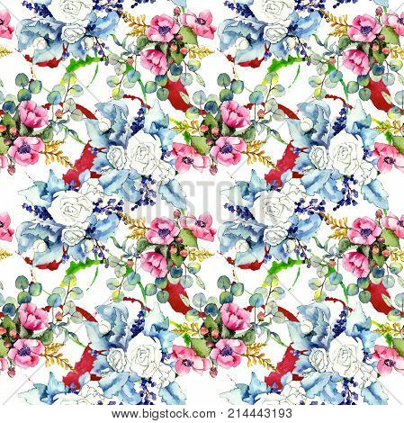 Wildflower bouquet pattern in a watercolor style. Full name of the plant: rose. Aquarelle wild flower for background, texture, wrapper pattern, frame or border.
