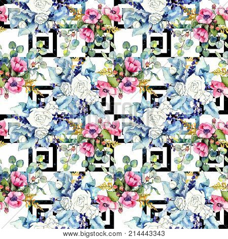 Wildflower bouquet pattern in a watercolor style. Full name of the plant: rose. Aquarelle wild flower for background, texture, wrapper pattern, frame or border.