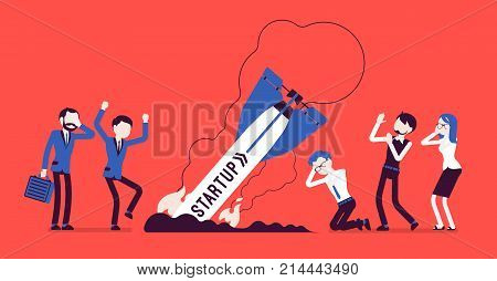 Startup rocket crash. Business style vector concept illustration