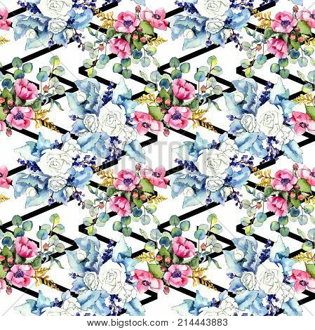 Wildflower bouquet pattern in a watercolor style. Full name of the plant: rose. Aquarelle wild flower for background, texture, wrapper pattern, frame or border.