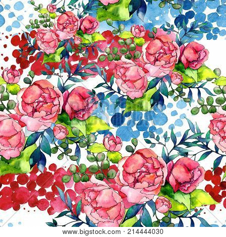 Wildflower bouquet pattern in a watercolor style. Full name of the plant: peony. Aquarelle wild flower for background, texture, wrapper pattern, frame or border.