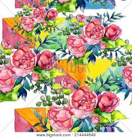 Wildflower bouquet pattern in a watercolor style. Full name of the plant: peony. Aquarelle wild flower for background, texture, wrapper pattern, frame or border.