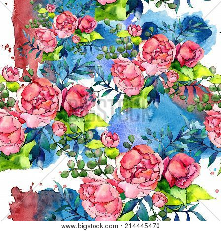 Wildflower bouquet pattern in a watercolor style. Full name of the plant: peony. Aquarelle wild flower for background, texture, wrapper pattern, frame or border.