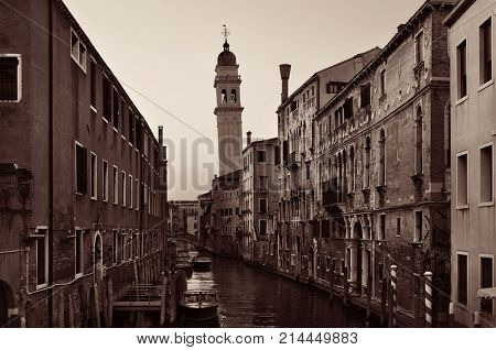 San Giorgio dei Greci church bell tower and Venice canal. Italy.