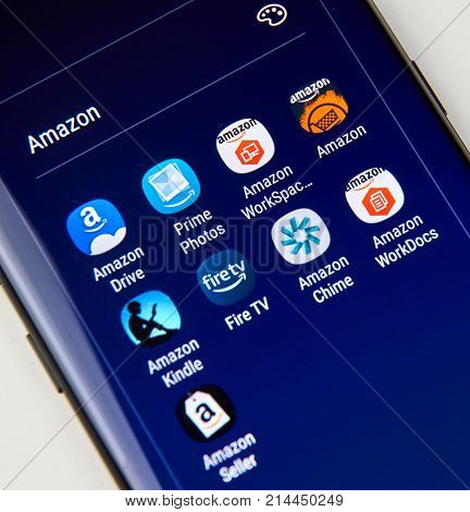 MONTREAL CANADA - NOVEMBER 12 2017: Amazon different Android applications icons on Samsung S8 screen. Amazon.com Inc. is an American electronic commerce and cloud computing company based in USA