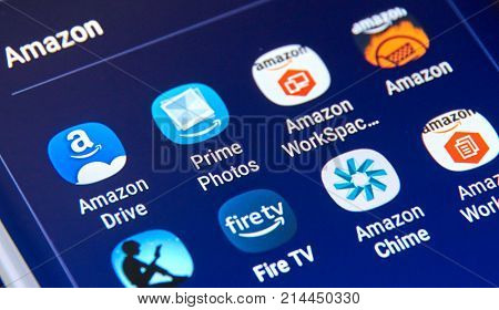 MONTREAL CANADA - NOVEMBER 12 2017: Amazon different Android applications icons on Samsung S8 screen. Amazon.com Inc. is an American electronic commerce and cloud computing company based in USA