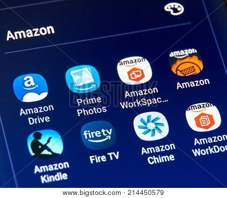 MONTREAL CANADA - NOVEMBER 12 2017: Amazon different Android applications icons on Samsung S8 screen. Amazon.com Inc. is an American electronic commerce and cloud computing company based in USA