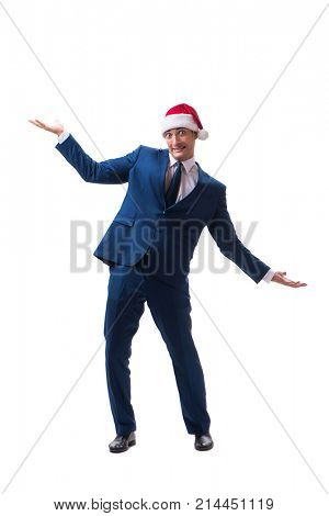 Young busnessman wearing santa hat in christmas concept on white