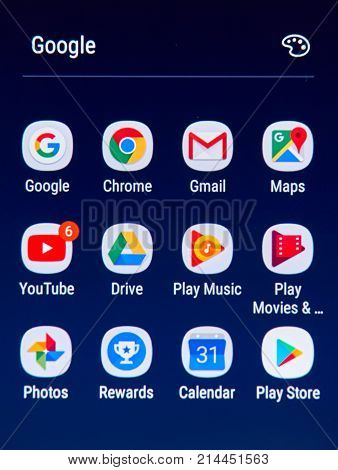 MONTREAL CANADA - NOVEMBER 12 2017: Google apps icons on Samsung S8 screen. Google LLC is an American multinational technology company that specializes in Internet-related services and products