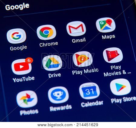 MONTREAL CANADA - NOVEMBER 12 2017: Google apps icons on Samsung S8 screen. Google LLC is an American multinational technology company that specializes in Internet-related services and products
