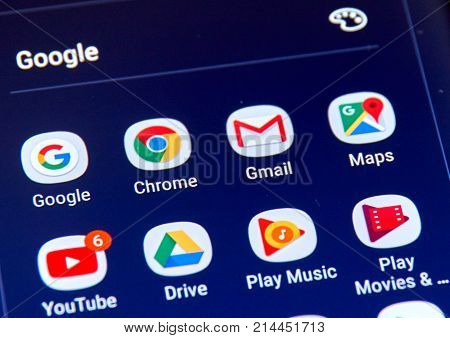 MONTREAL CANADA - NOVEMBER 12 2017: Google apps icons on Samsung S8 screen. Google LLC is an American multinational technology company that specializes in Internet-related services and products