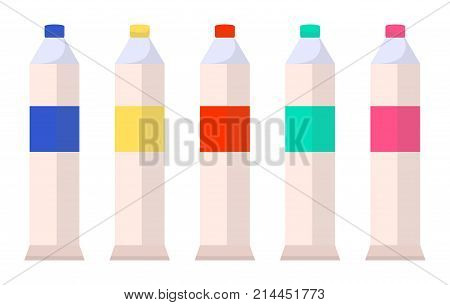 Tubes with watercolor paints isolated on white. Palette of acrylic or gouache aquarelle paint in containers of different colors vector illustration