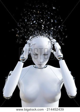 3D rendering of the head of a female robot. The head is breaking apart because of headache. Black background.