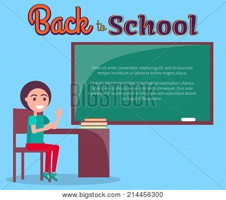 Back to school vector illustration with schoolboy sitting at table with pile of textbook, raising hand to answer, child at lesson isolated on white