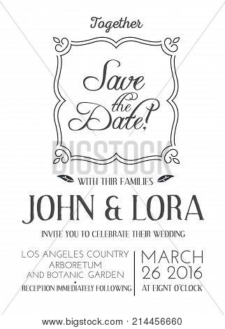 Monochrome decorative invitation card on white background words save the date in square frame and useful information about wedding celebration in botanic garden of Los Angeles Country arboretum vector illustration.