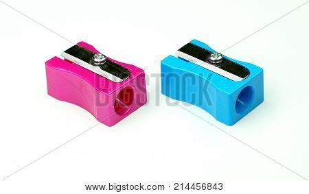 manual blue pencil sharpener isolated on the white background