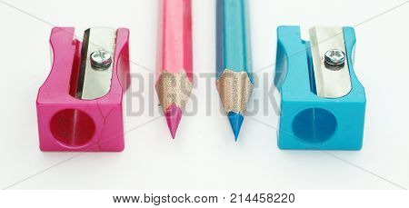 manual blue pencil sharpener isolated on the white background