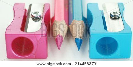 manual blue pencil sharpener isolated on the white background