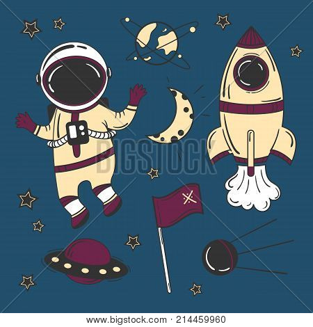 Astronaut cartoon space set. Rocket spaceship moon. Colour vector illustration