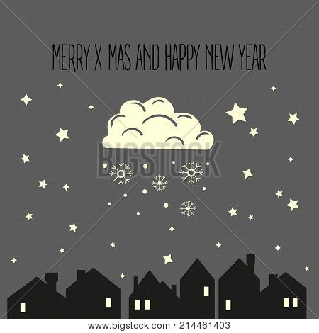 Night christmas city. Merry xmas and happy new year text. Winter city eve silhouette