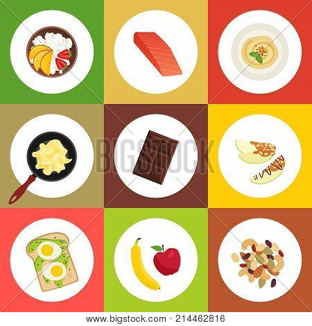 Vector flat illustration with workout meals. Healthy food lifestyle.