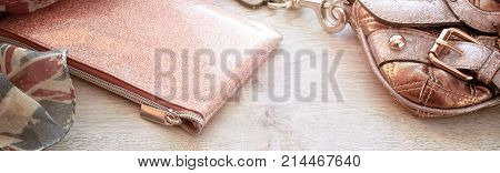 Banner Set of fashion accessories for women. Handkerchief, cosmetic bag, purse, watch, bracelet top View flat lay