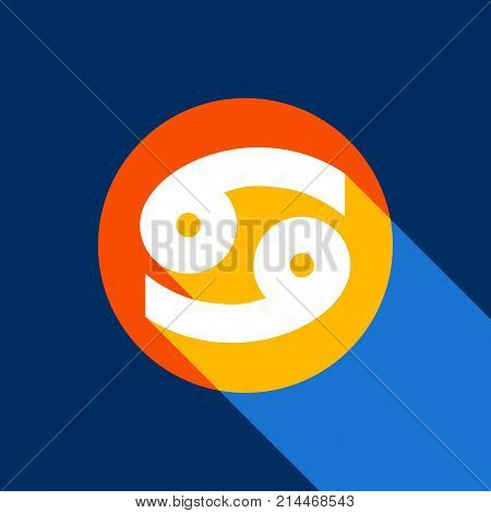 Cancer sign illustration. Vector. White icon on tangelo circle with infinite shadow of light at cool black background. Selective yellow and bright navy blue are produced.