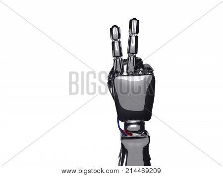 Metallic robot hand shows two fingers. Future technology concept. 3d rendering