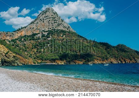 Panorama, beach Adrasan Turkey. Sea and rock, nature of turkey