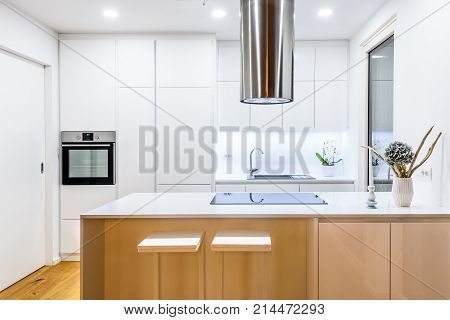 Interior Design New Modern White Kitchen With Kitchen Appliances.