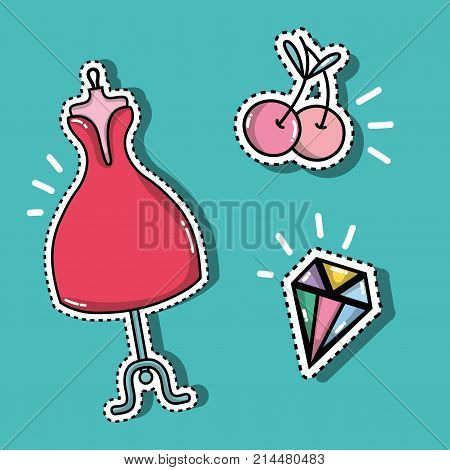 dress with cherry and diamond fashion patches vector illustration