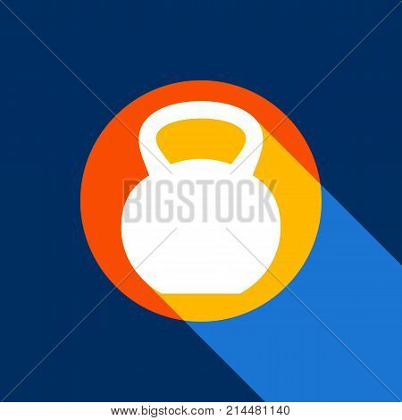 Fitness Dumbbell sign. Vector. White icon on tangelo circle with infinite shadow of light at cool black background. Selective yellow and bright navy blue are produced.