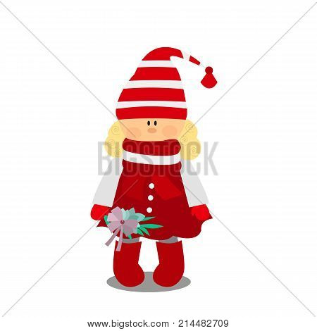Vector flat illustration. Cute little girl. Christmas elf. Christmas elf cartoon vector illustration. Flat slyle Santa Claus elf character isolated on white background. Design element for Merry Xmas Happy New Year card banner flayer leaflet poster