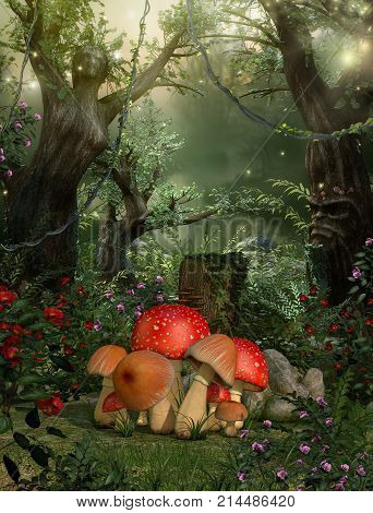 3D rendering of a enchanting fairy forest opening with magical trees in the background.