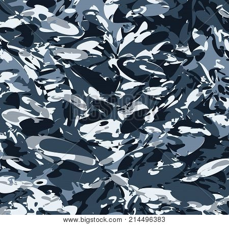 Abstract Military Blue Camouflage Background Made of Splash. Camo Dark Pattern for Army Clothing.