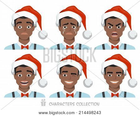 Vector illustration of black african american businessman many faces emotions with santa hat.